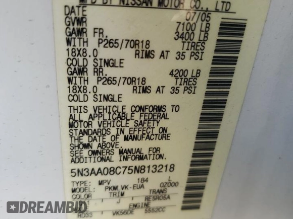 2005 Infiniti QX56 with VIN 5N3AA08C75N813218, listed as a Copart auction lot 76592754 with 139,975 mi miles and Clean Title. Bid and sale history available at DreamBid. Image 13.