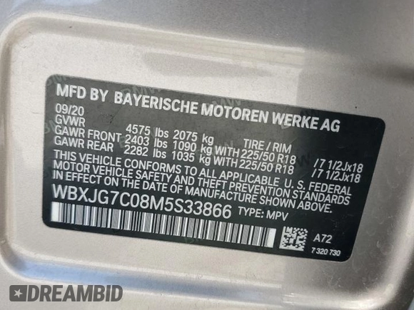 2021 BMW X1 sDrive28i with VIN WBXJG7C08M5S33866, listed as a Copart auction lot 54729715 with Not Provided miles and Salvage Title. Bid and sale history available at DreamBid. Image 14.