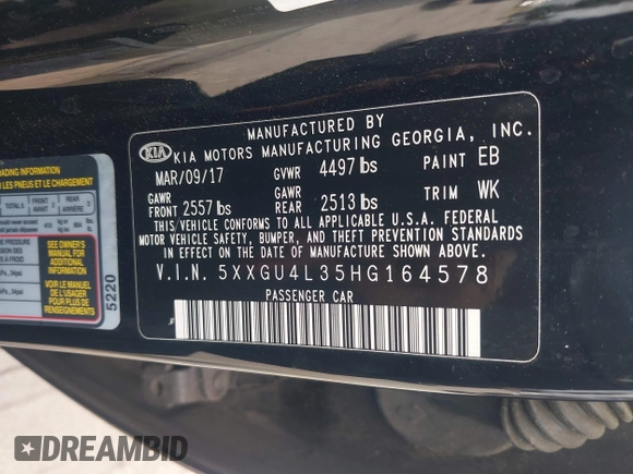 2017 Kia Optima EX with VIN 5XXGU4L35HG164578, listed as a IAAI auction lot 42646046 with 71,113 mi miles and . Bid and sale history available at DreamBid. Image 9.