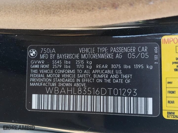 2006 BMW 7 Series 750i with VIN WBAHL83516DT01293, listed as a Copart auction lot 49506035 with 0 mi miles and Salvage Title. Bid and sale history available at carsss.com. Image 14.