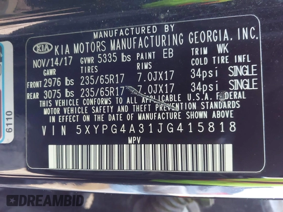 2018 Kia Sorento LX with VIN 5XYPG4A31JG415818, listed as a IAAI auction lot 41794227 with 94,439 mi miles. Bid and sale history available at carsss.com. Image 9.