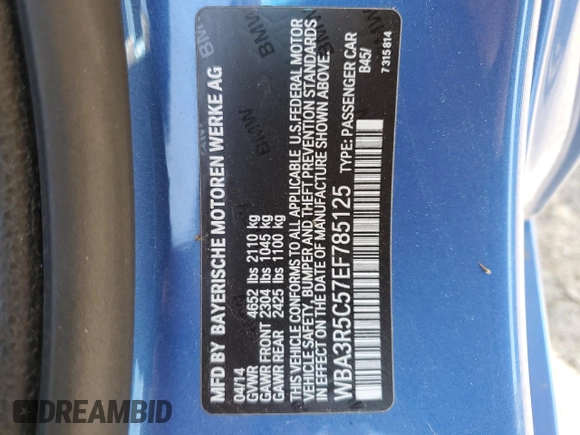 2014 BMW 4 Series 435i xDrive with VIN WBA3R5C57EF785125, listed as a Copart auction lot 55049605 with 59,626 mi miles and Salvage title. Bid and sale history available at DreamBid. Image 12.
