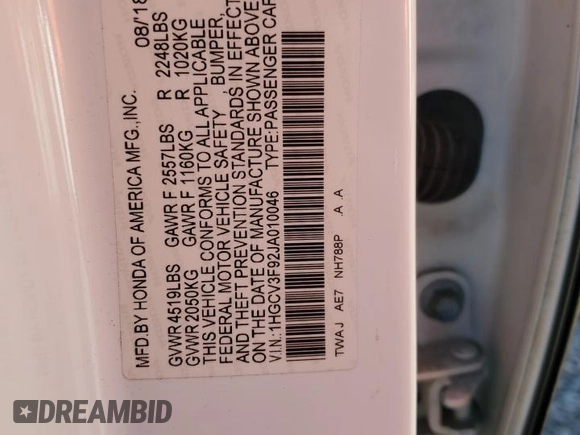 2018 Honda Accord Touring z VIN 1HGCV3F92JA010046, wystawiony jako Copart lot #47990555 z przebiegiem 183 446 mil mil oraz Szkoda całkowita • Salvage title. Historia ofert i sprzedaży dostępna na DreamBid. Obrazek 12.