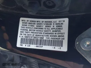 2019 Honda Civic Sedan EX-L with VIN 19XFC1F73KE211652, listed as a IAAI auction lot 41816810 with 74,353 mi miles. Bid and sale history available at carsss.com. Image 9.
