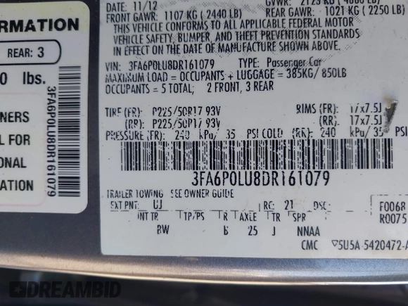 2013 Ford Fusion SE Hybrid with VIN 3FA6P0LU8DR161079, listed as a IAAI auction lot 42064615 with 232,448 mi miles. Bid and sale history available at carsss.com. Image 9.