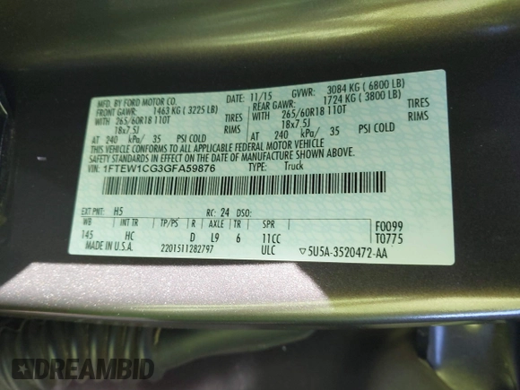 2016 Ford F-150 XL with VIN 1FTEW1CG3GFA59876, listed as a IAAI auction lot 41289473 with Not Provided miles and . Bid and sale history available at DreamBid. Image 9.