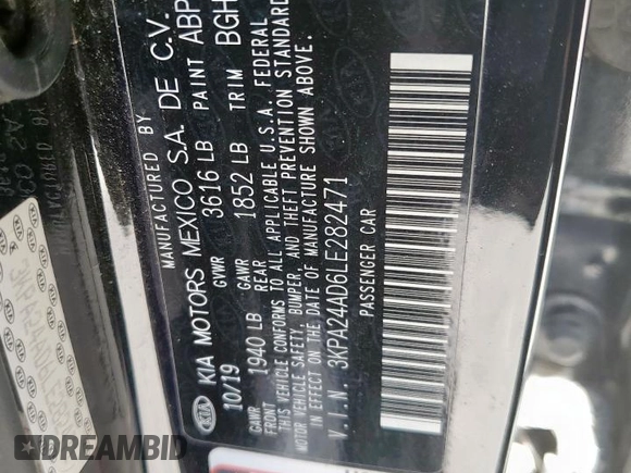 2020 Kia Rio LX with VIN 3KPA24AD6LE282471, listed as a Copart auction lot 52129865 with 59,222 mi miles and Salvage Title. Bid and sale history available at carsss.com. Image 12.