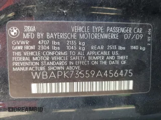 2009 BMW 3 Series 328i xDrive with VIN WBAPK73559A456475, listed as a Copart auction lot 62363865 with 169,125 mi miles and Salvage title. Bid and sale history available at DreamBid. Image 12.