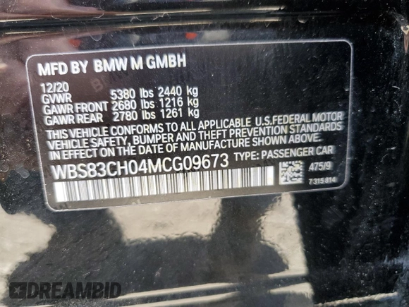 2021 BMW M5 z VIN WBS83CH04MCG09673, wystawiony jako Copart lot #55321695 z przebiegiem 39 443 mil mil oraz Szkody całkowita. Historia ofert i sprzedaży dostępna na DreamBid. Obrazek 12.