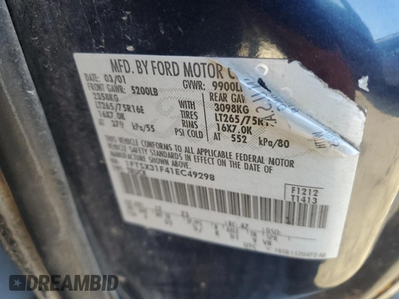 2001 Ford F-350 XL with VIN 1FTSX31F41EC49298, listed as a Copart auction lot 41764345 with 502,614 mi miles and Salvage Title. Bid and sale history available at DreamBid. Image 12.