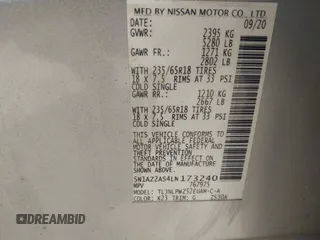 2020 Nissan Murano S with VIN 5N1AZ2AS4LN173240, listed as a IAAI auction lot 37473427 with 53,915 mi miles and . Bid and sale history available at DreamBid. Image 9.