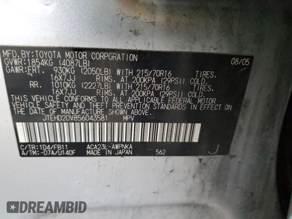 2005 Toyota RAV4 with VIN JTEHD20V856043581, listed as a Copart auction lot 54433045 with 383,287 mi miles and Clean Title. Bid and sale history available at carsss.com. Image 12.