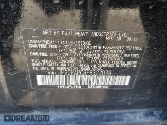 2015 Subaru XV Crosstrek Limited with VIN JF2GPAPC8F8322039, listed as a Copart auction lot 52075275 with 168,897 mi miles and Salvage Title. Bid and sale history available at carsss.com. Image 12.