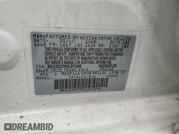 2017 Nissan Note SV with VIN 3N1CE2CP9HL371548, listed as a Copart auction lot 55043285 with 114,266 mi miles and Salvage title. Bid and sale history available at DreamBid. Image 12.