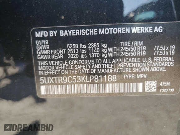 2019 BMW X3 xDrive30i with VIN 5UXTR9C53KLP81188, listed as a Copart auction lot 54952965 with 39,281 mi miles and Salvage Title. Bid and sale history available at DreamBid. Image 13.