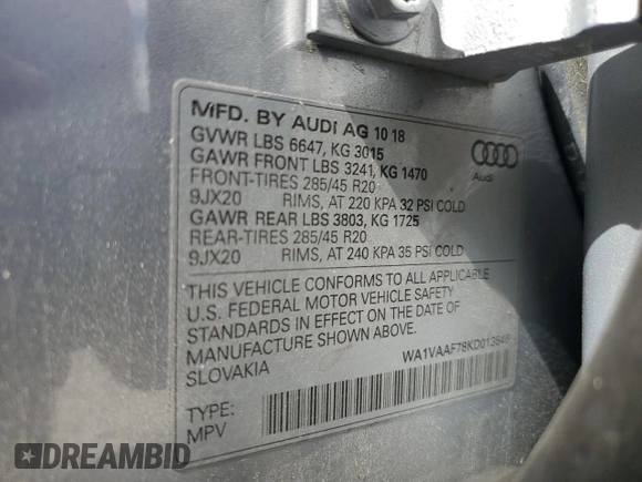 2019 Audi Q7 Prestige with VIN WA1VAAF78KD013548, listed as a Copart auction lot 56485545 with 52,308 mi miles and Salvage title. Bid and sale history available at DreamBid. Image 14.