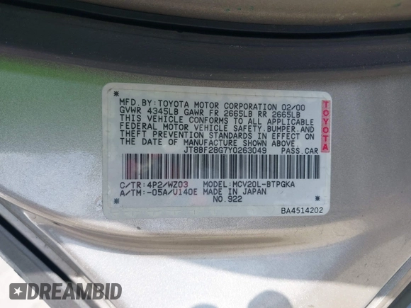 2000 Lexus ES 300 с VIN JT8BF28G7Y0263049, выставлен на аукционе IAAI как лот 42076232 с пробегом 120 805 миль миль и . История ставок и продаж доступна на DreamBid. Изображение 9.