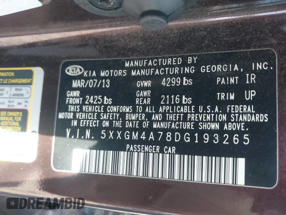 2013 Kia Optima LX with VIN 5XXGM4A78DG193265, listed as a IAAI auction lot 41940958 with 108,284 mi miles. Bid and sale history available at carsss.com. Image 9.