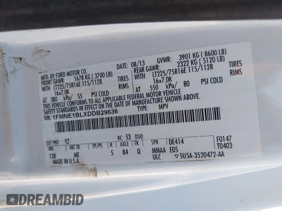2013 Ford Econoline Passenger XL with VIN 1FMNE1BLXDDB29636, listed as a IAAI auction lot 42274116 with 141,261 mi miles and . Bid and sale history available at DreamBid. Image 9.