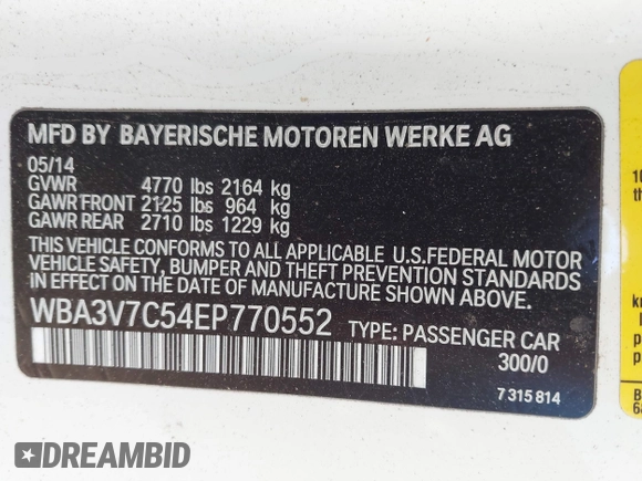 2014 BMW 4 Series 428i with VIN WBA3V7C54EP770552, listed as a IAAI auction lot 41297640 with 114,763 mi miles and . Bid and sale history available at DreamBid. Image 9.