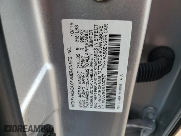 2020 Acura TLX with VIN 19UUB1F32LA007597, listed as a Copart auction lot 58562355 with 77,754 mi miles and Salvage title. Bid and sale history available at DreamBid. Image 12.