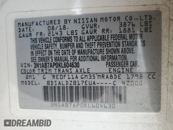 2019 Nissan Sentra SV with VIN 3N1AB7AP0KL604630, listed as a Copart auction lot 54945565 with 73,998 mi miles and Salvage Title. Bid and sale history available at DreamBid. Image 13.