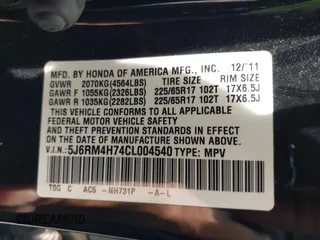 2012 Honda CR-V EX-L with VIN 5J6RM4H74CL004540, listed as a IAAI auction lot 39686102 with 149,970 mi miles. Bid and sale history available at carsss.com. Image 9.