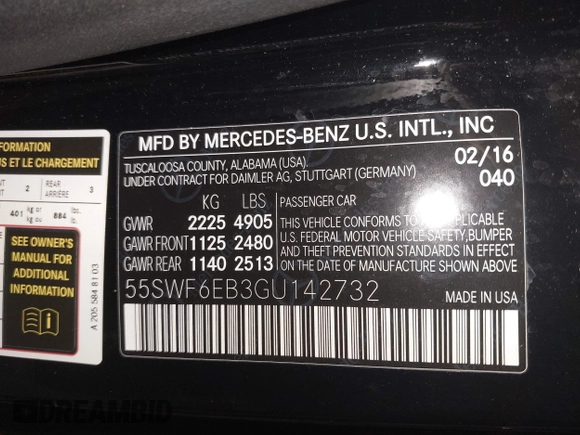 2016 Mercedes-Benz C 450 AMG with VIN 55SWF6EB3GU142732, listed as a IAAI auction lot 41697770 with 82,272 mi miles and . Bid and sale history available at carsss.com. Image 9.