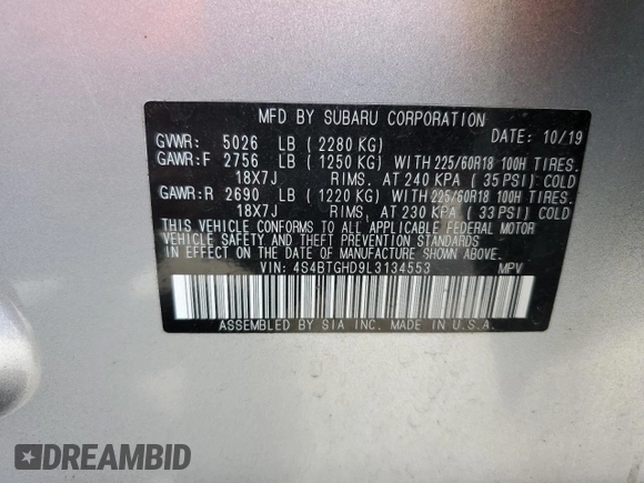 2020 Subaru Outback z VIN 4S4BTGHD9L3134553, wystawiony jako Copart lot #80969894 z przebiegiem 92 588 mil mil oraz Szkoda całkowita • Salvage title. Historia ofert i sprzedaży dostępna na DreamBid. Obrazek 14.
