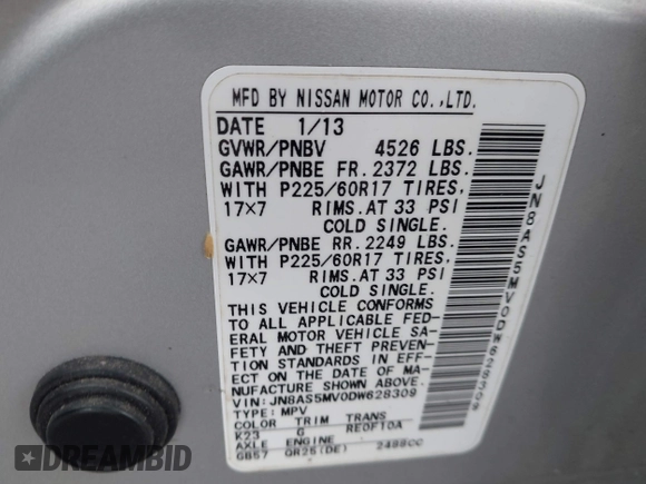 2013 Nissan Rogue S with VIN JN8AS5MV0DW628309, listed as a IAAI auction lot 42008720 with 45,718 mi miles and . Bid and sale history available at DreamBid. Image 9.