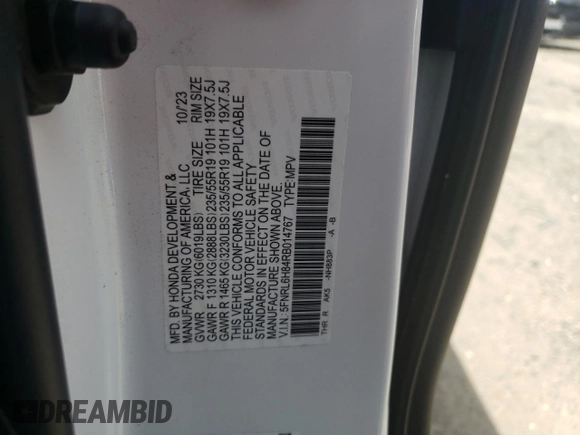 2024 Honda Odyssey Touring with VIN 5FNRL6H84RB014767, listed as a Copart auction lot 57070935 with Not provided miles and Salvage title. Bid and sale history available at DreamBid. Image 12.