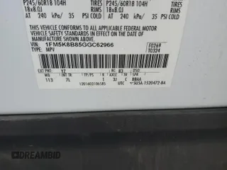 2016 Ford Explorer с VIN 1FM5K8B85GGC62966, выставлен на аукционе Copart как лот 59973475 с пробегом 134 811 миль миль и Чистый • Clean title. История ставок и продаж доступна на DreamBid. Изображение 13.