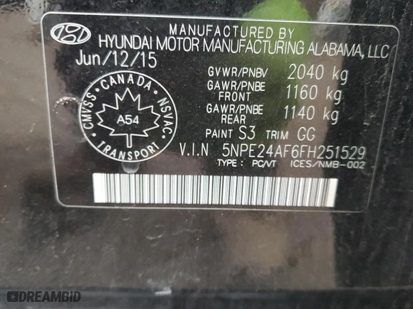 2015 Hyundai Sonata 2.4L SE with VIN 5NPE24AF6FH251529, listed as a Copart auction lot 86374654 with 166,764 mi miles and Salvage Title. Bid and sale history available at carsss.com. Image 12.