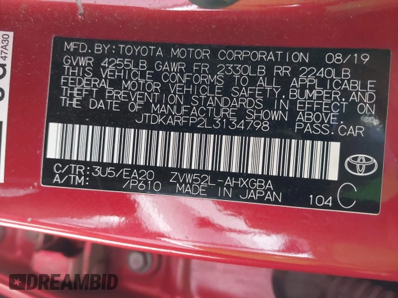 2020 Toyota Prius LE z VIN JTDKARFP2L3134798, wystawiony jako IAAI lot #42191289 z przebiegiem 78 540 mil mil oraz . Historia ofert i sprzedaży dostępna na DreamBid. Obrazek 9.