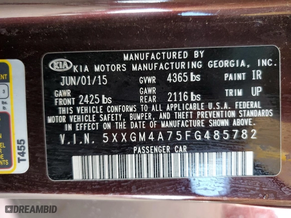 2015 Kia Optima LX with VIN 5XXGM4A75FG485782, listed as a Copart auction lot 51675985 with 165,017 mi miles and Salvage Title. Bid and sale history available at carsss.com. Image 12.
