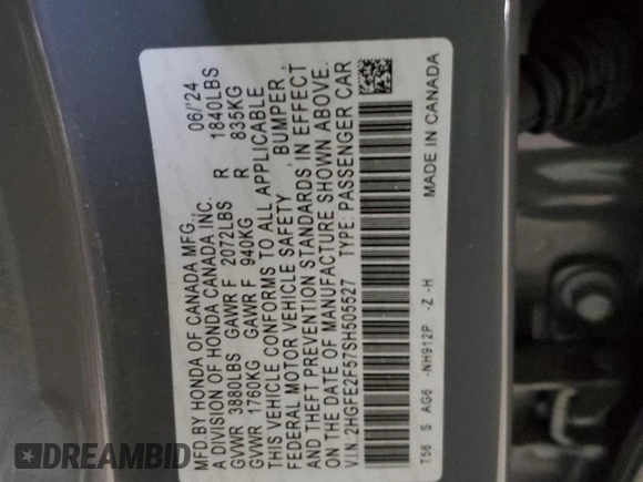 2025 Honda Civic Sport with VIN 2HGFE2F57SH505527, listed as a Copart auction lot 54963955 with 11,408 mi miles and Salvage title. Bid and sale history available at DreamBid. Image 12.