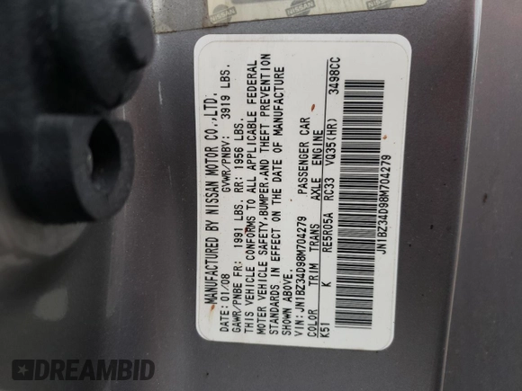 2008 Nissan 350Z Enthusiast with VIN JN1BZ34D98M704279, listed as a Copart auction lot 52341304 with Not provided miles and Salvage title. Bid and sale history available at DreamBid. Image 12.