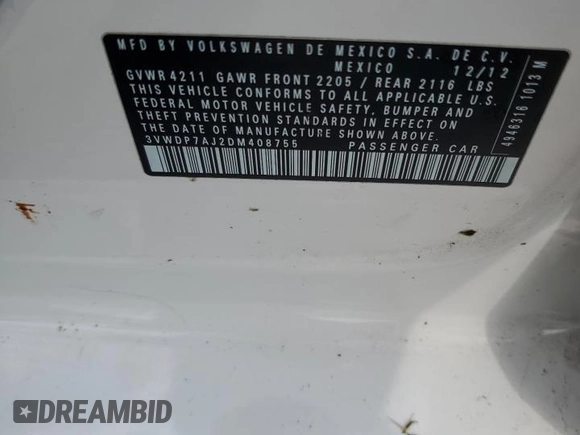 2013 Volkswagen Jetta SE with VIN 3VWDP7AJ2DM408755, listed as a Copart auction lot 59272925 with 244,475 mi miles and Salvage title. Bid and sale history available at DreamBid. Image 12.