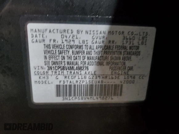 2021 Nissan Kicks S with VIN 3N1CP5BV4ML498276, listed as a Copart auction lot 49293845 with 86,629 mi miles and Clean Title. Bid and sale history available at DreamBid. Image 13.