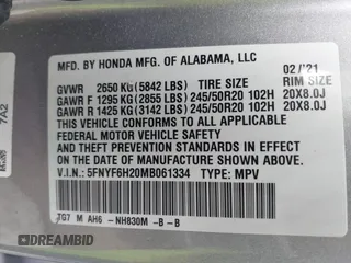 2021 Honda Pilot Special Edition with VIN 5FNYF6H20MB061334, listed as a IAAI auction lot 42123022 with 92,183 mi miles and . Bid and sale history available at DreamBid. Image 9.