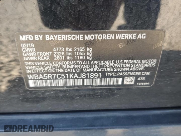 2019 BMW 3 Series 330i xDrive with VIN WBA5R7C51KAJ81891, listed as a Copart auction lot 54197695 with 70,722 mi miles and Salvage title. Bid and sale history available at DreamBid. Image 12.