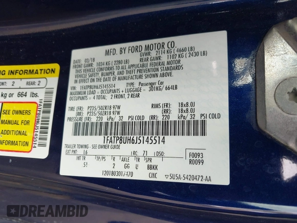 2018 Ford Mustang EcoBoost Premium with VIN 1FATP8UH6J5145514, listed as a IAAI auction lot 41668455 with 79,617 mi miles and . Bid and sale history available at carsss.com. Image 9.