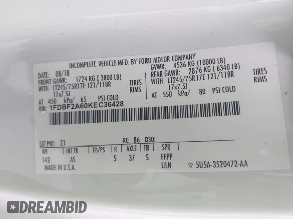 2019 Ford Super Duty F-250 SRW XL with VIN 1FDBF2A60KEC36428, listed as a IAAI auction lot 41735313 with 1 mi miles. Bid and sale history available at carsss.com. Image 9.