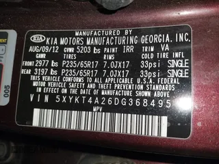 2013 Kia Sorento LX with VIN 5XYKT4A26DG368495, listed as a IAAI auction lot 41332267 with 226,386 mi miles. Bid and sale history available at carsss.com. Image 9.