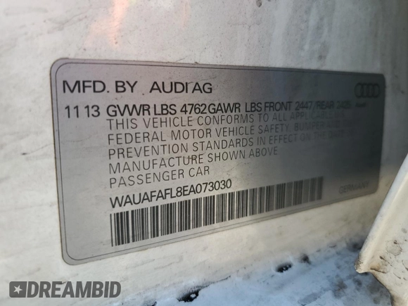 2014 Audi A4 Premium z VIN WAUAFAFL8EA073030, wystawiony jako Copart lot #50244075 z przebiegiem 97 797 mil mil oraz Szkoda całkowita • Salvage title. Historia ofert i sprzedaży dostępna na DreamBid. Obrazek 13.