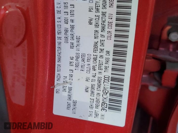 2014 Mazda 3 i Sport with VIN 3MZBM1K74EM117000, listed as a Copart auction lot 81828014 with 132,971 mi miles and Salvage Title. Bid and sale history available at DreamBid. Image 12.