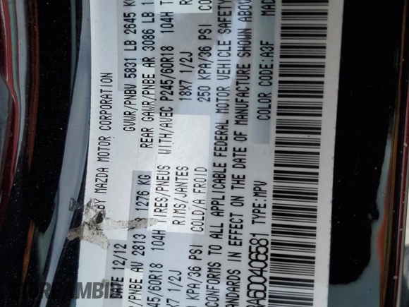 2013 Mazda CX-9 Sport with VIN JM3TB2BA6D0406581, listed as a Copart auction lot 70610804 with 169,339 mi miles and Salvage Title. Bid and sale history available at carsss.com. Image 14.