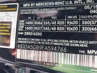 2015 Mercedes-Benz M 400 with VIN 4JGDA5GB9FA594766, listed as a IAAI auction lot 41835853 with 106,873 mi miles and . Bid and sale history available at DreamBid. Image 9.