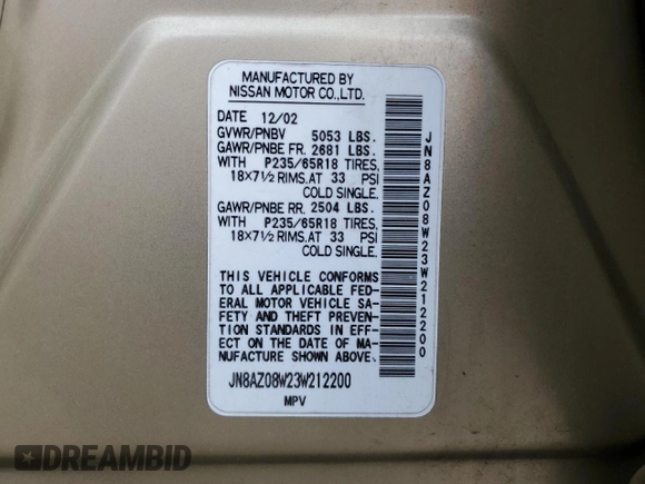 2003 Nissan Murano SE z VIN JN8AZ08W23W212200, wystawiony jako Copart lot #55386665 z przebiegiem 205 047 mil mil oraz Szkoda całkowita • Salvage title. Historia ofert i sprzedaży dostępna na DreamBid. Obrazek 13.