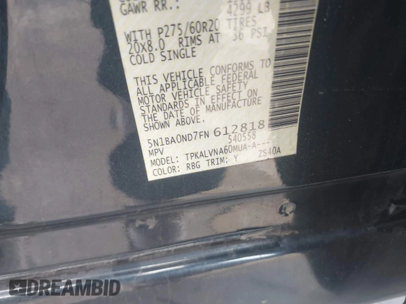 2015 Nissan Armada SV z VIN 5N1BA0ND7FN612818, wystawiony jako IAAI lot #41459324 z przebiegiem 100 326 mil mil oraz . Historia ofert i sprzedaży dostępna na DreamBid. Obrazek 9.